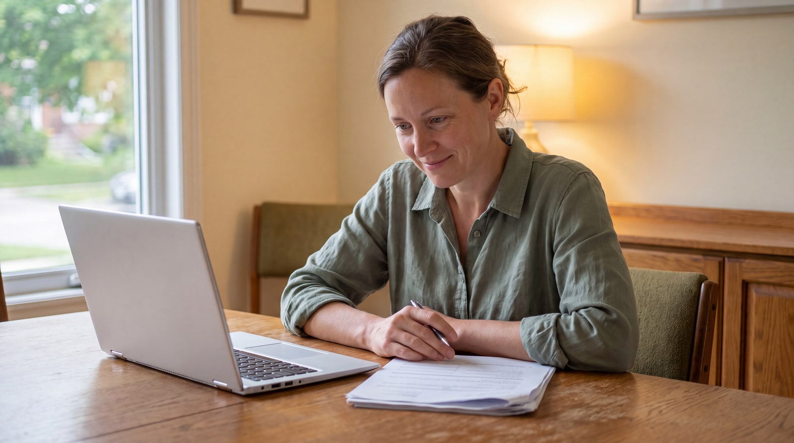 Illustrative scene of a homeowner reviewing documents beside a laptop.
