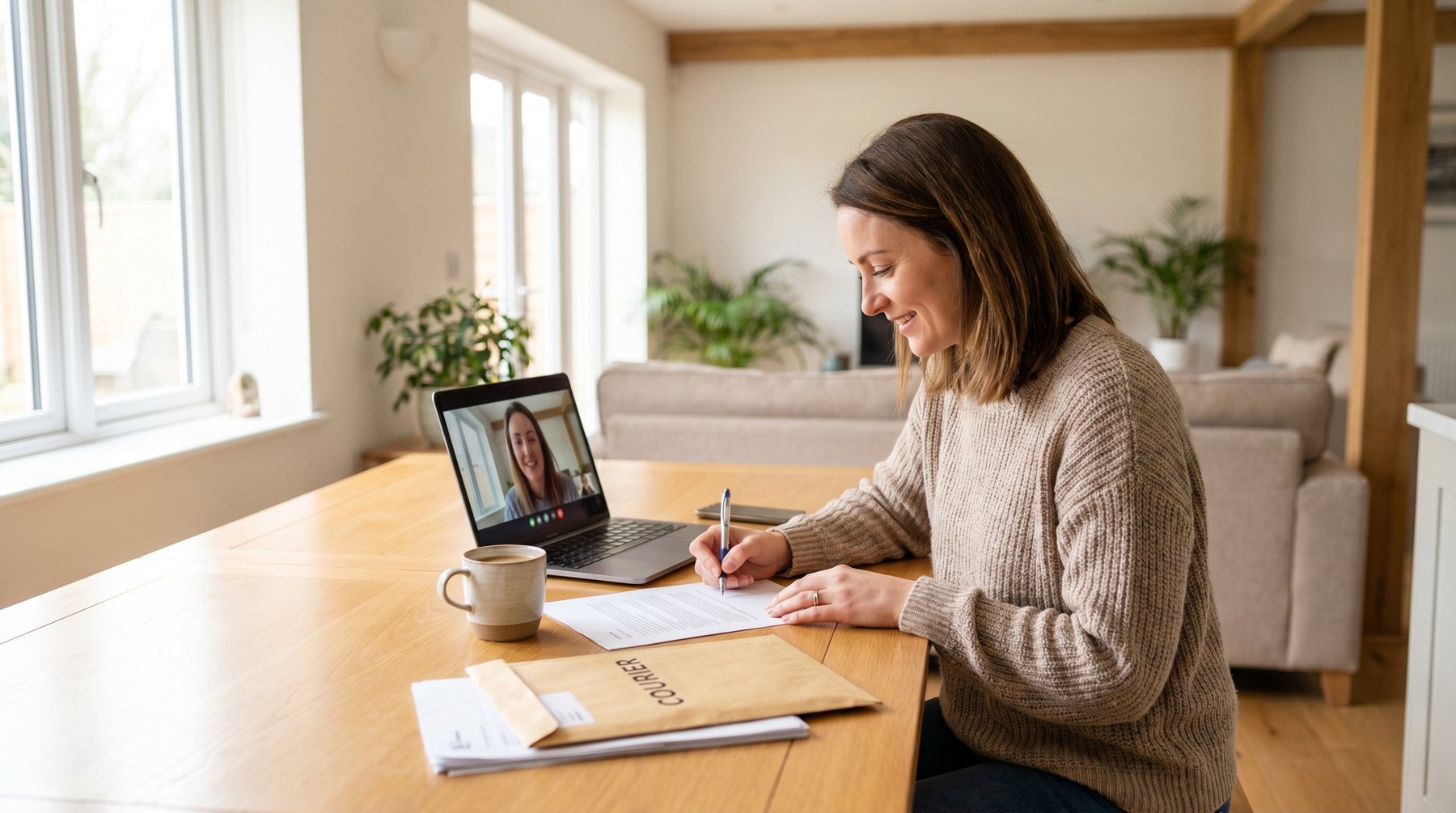 A client signing closing documents at home during a video meeting with a real estate lawyer.